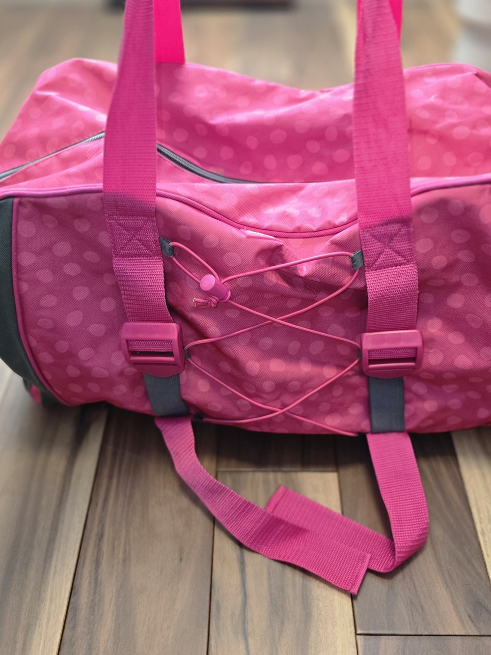 Thirty One All Packed Pro Duffle Bag Pink Polka Dot Fabric with Shoe Pocket GUC